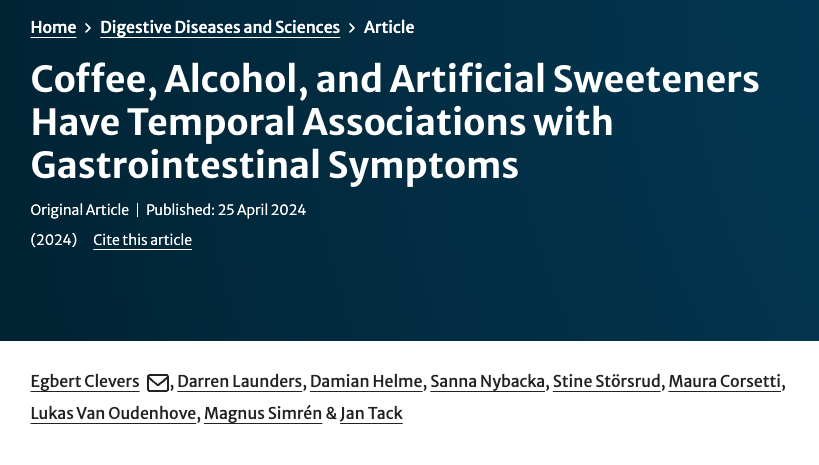 🔥 Research reveals temporal associations between ☕️coffee, 🍻 alcohol and 🧊artificial sweeteners and GI symptoms in a large #IBS-predominant sample ▶️ diarrhoea, bloating, and abdominal pain ▶️symptom onset often within 2 hours postprandial #gitwitter link.springer.com/article/10.100…