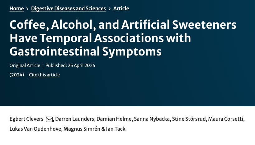 🔥 Research reveals temporal associations between ☕️coffee, 🍻 alcohol and 🧊artificial sweeteners and GI symptoms in a large #IBS-predominant sample 
▶️ diarrhoea, bloating, and abdominal pain
▶️symptom onset often within 2 hours postprandial 
#gitwitter 
link.springer.com/article/10.100…