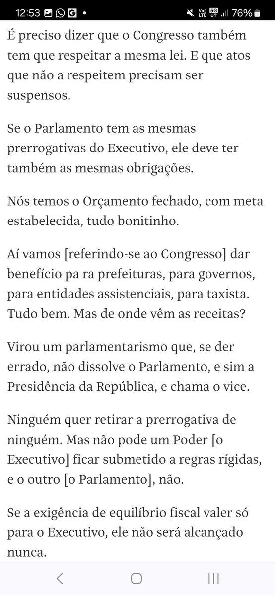 Nisso aqui o Haddad tá bem correto. 'O desequilíbrio é que o Executivo precisa respeitar a Lei de Responsabilidade Fiscal, e o Parlamento, não. Virou um parlamentarismo que, se der errado, não dissolve o Parlamento, e sim a Presidência da República. '