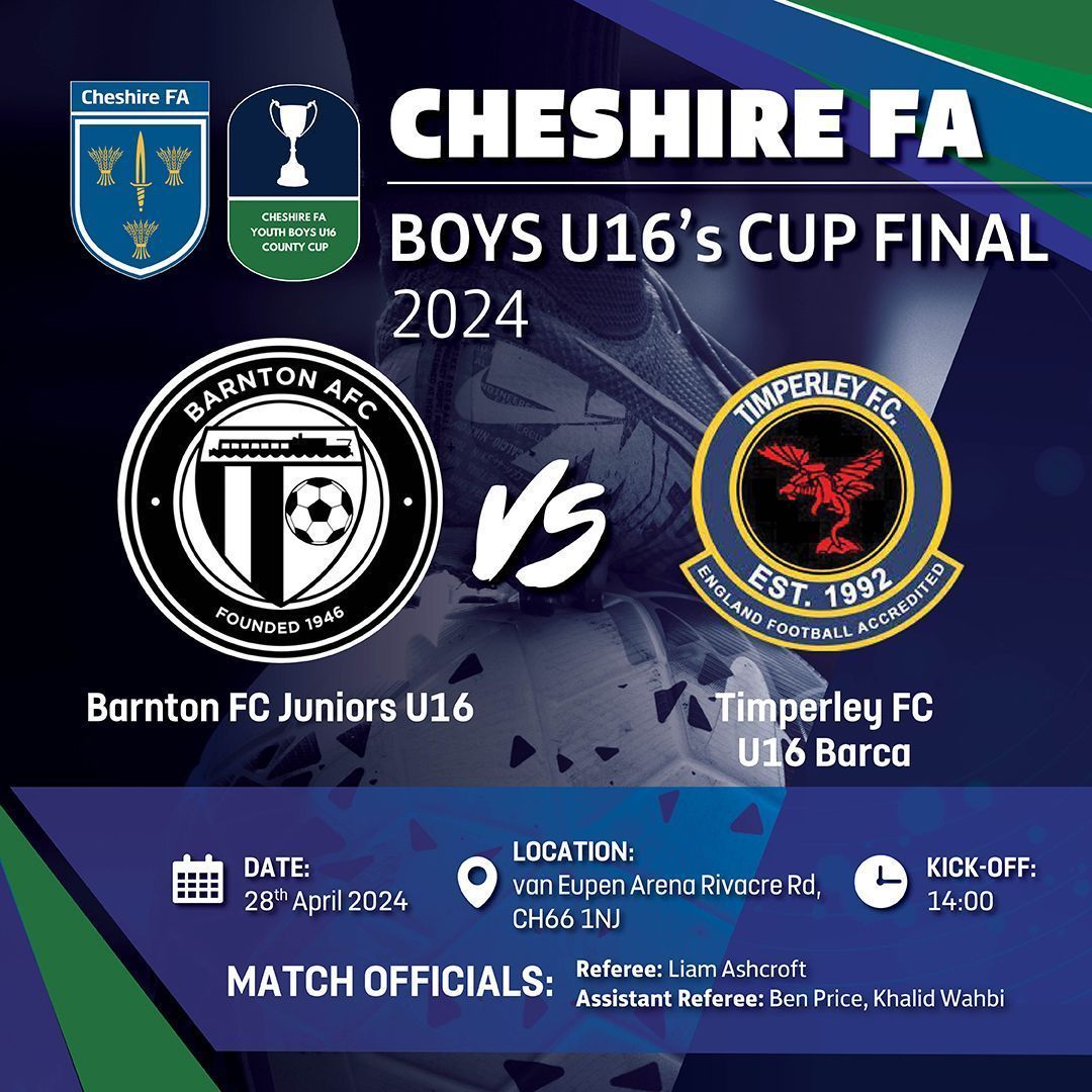 U16 BOYS FINAL 🏆 Our cup final line-up continues this weekend! ⚽️ @BarntonJuniors U16 v @TimperleyFC U16 Barca 📆 Sun 28 April ⌚️ 2:00pm 📍 vanEupen Arena, Rivacre Road Good luck to both teams & our match officials! #CCFACups