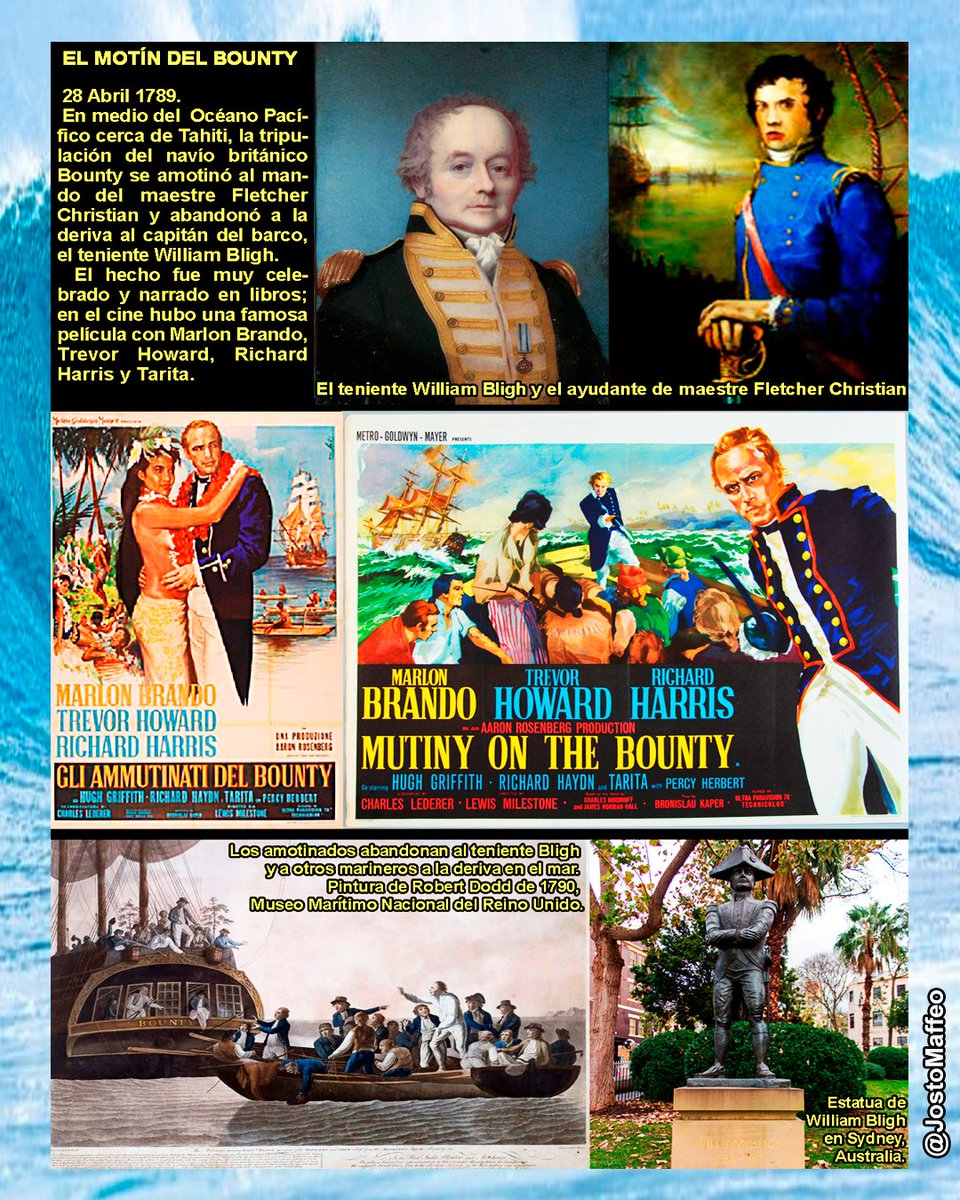 JostoMaffeo's tweet photo. ⛵ ⚔️ EL MOTÍN DEL BOUNTY 🎞️
28 Abril 1789. En el #Pacífico cerca de #Tahiti, la tripulación del navío británico #Bounty se amotina al mando del maestre Fletcher #Christian y abandona a la deriva al capitán William #Bligh.
Se ha narrado en libros; en cine, con Marlon #Brando https://t.co/wQ6RT3njgK