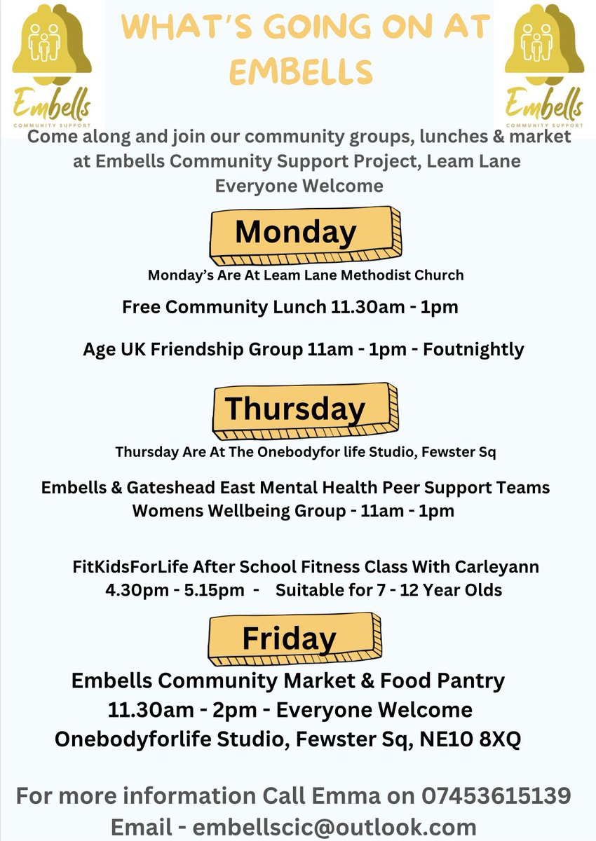 We have so much going on at Embells Community Support Project and more fantastic new groups coming soon. 

Check out What’s Going On At @Embellscic and come along & join us. 

#everyones welcome 🤗 #whatson #Gateshead #leamlane #activities