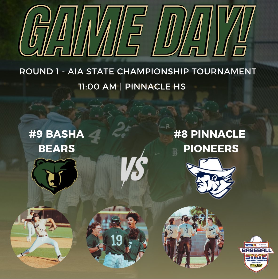 GAMEDAY!!! Your #9 Basha Bears plays #8 Pinnacle Pioneers in Round 1 of the AIA State Championship Tournament. Game starts at 11:00 AM @ Pinnacle HS. #LetsGoBears