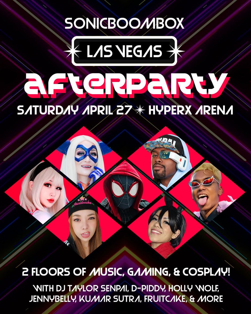 ✨@SONICBOOMB0X's LVLUP Afterparty is TONIGHT!!✨ — come down to the HyperX Arena for music, gaming, cosplay and much more!! Secure your spot now: bit.ly/3Urg14u