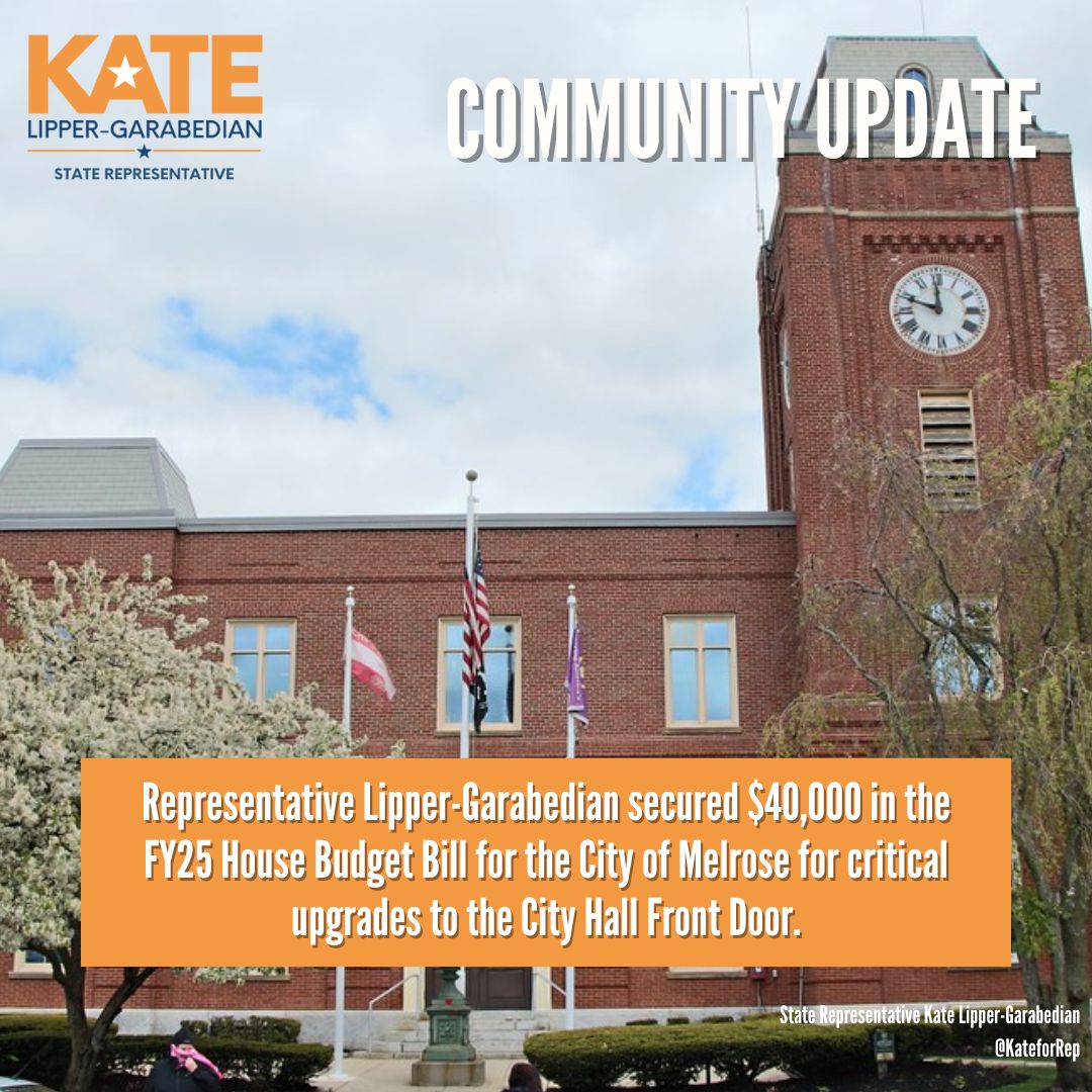 I'm thrilled to share that I secured 3 earmarks in House FY25 Budget Bill this week for @CityofMelrose: $50K for Wyoming Cemetery, $50K for LED lighting at @MelrosePS Hoover, & $40K for secure front door at City Hall. #mapoli #32Middlesex