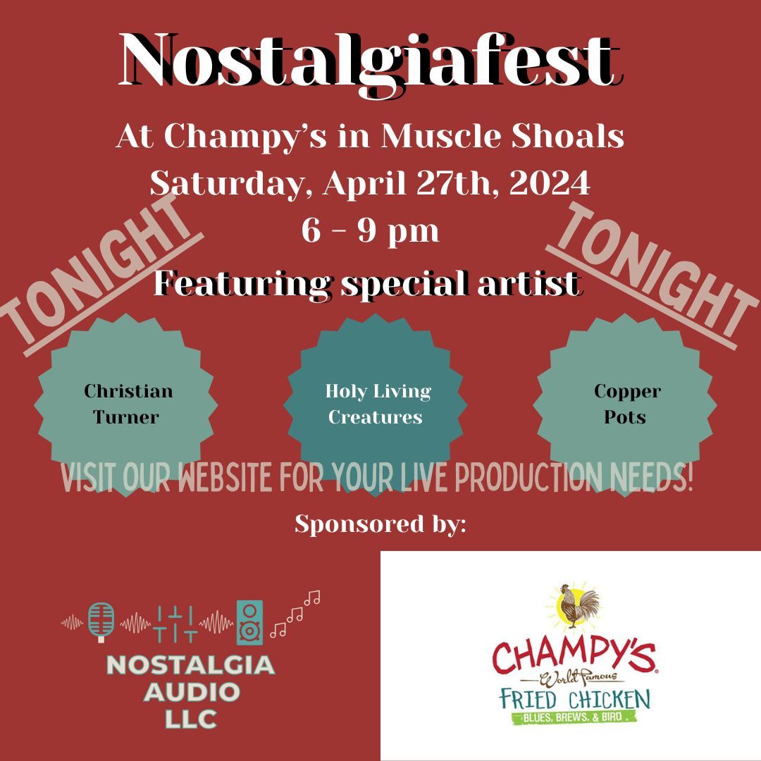 ⭐ Nostalgiafest is TONIGHT, my friends! Please join us for this incredible talent line up, delicious food and drink and good times with great people. #audio #audioengineer #shoalsmusic #livemusic #nostalgiaaudiollc #shoals #champys #musleshoals #liveevent #nostalgiafest
