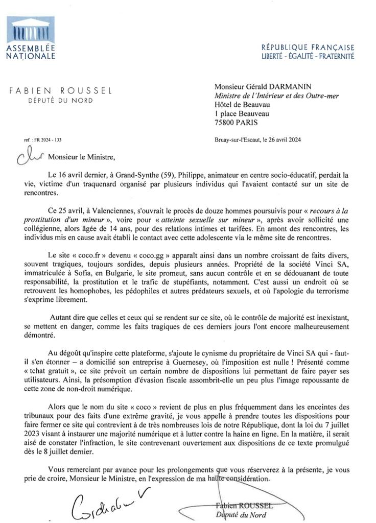 Agression mortelle à Grande Synthe, prostitution des mineurs, homophobie, apologie du terrorisme…. 

Le site coco.gg, société bulgare, hébergée à Guernesey (impôts 0%) est à l’origine de nombreuses affaires graves. 

J’ai demandé à @GDarmanin de le fermer.