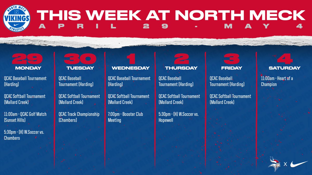 🔵⚪️🔴 Check out the North Mecklenburg Athletics Weekly Calendar for April 29 - May 4. All events are subject to change. View the athletics calendar at calendar.northmeckathletics.com for up to date events. #WeAreNorth #Family #Tradition #VikingLife