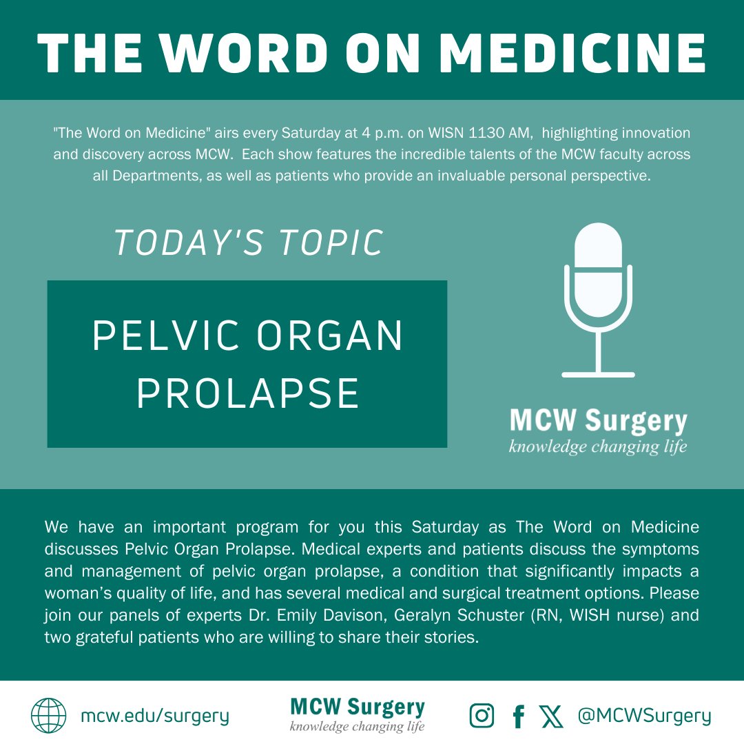 The #WordOnMedicine airs today at 4PM on @newstalk1130 & discusses Pelvic Organ Prolapse with Dr. Emily Davidson, Geralyn Schuster, RN and two grateful patients. Listen live here: t.ly/UPWW All #WOM Episodes: t.ly/bsKQ @MedicalCollege #LeadingTheWay