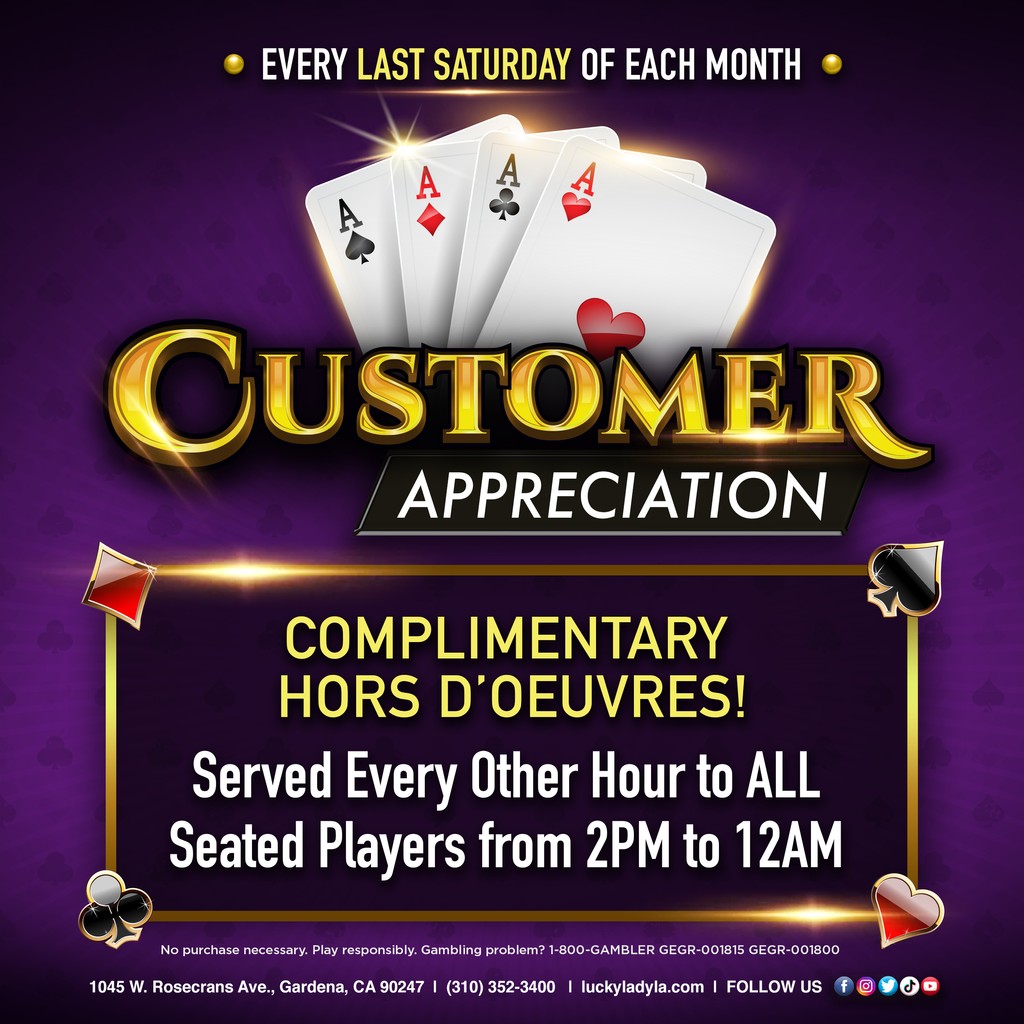 To our valued customers: Enjoy a special day at Lucky Lady Casino with complimentary bites and fun games-our way of saying thanks 🎉

#luckylady #customerappreciation #goodfood #weekendwins 
#feelinglucky #cardgames #winbig #jackpot