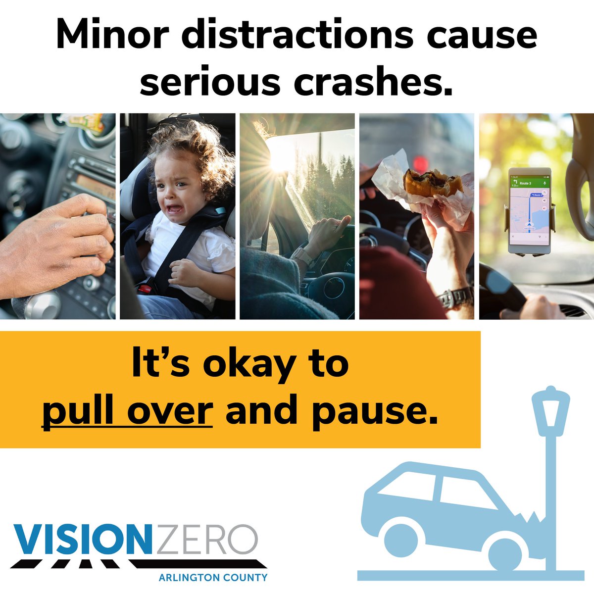April is distracted driving awareness month. At least 1 in 5 crashes in Arlington is related to distraction. Phones, passengers, sun glare, eating & operating GPS have all led to severe crashes. Remember to pull over & reset rather than risk someone’s life ow.ly/56m250RcBLs