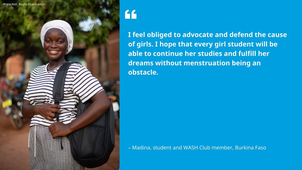 Madina, is a student representative of her WASH club in Burkina Faso. She uses her hygiene training to advocate for improved toilets and access to menstrual hygiene management resources, acting as intermediary on behalf of students, discussing their needs with local authorities.