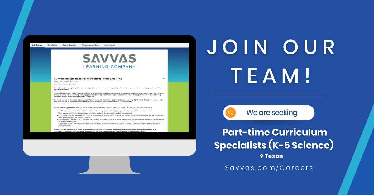 We are seeking part-time K-5 Science Curriculum Specialists to help build customer relationships by sharing expertise on company products, services, & solutions. ➡️ Search & apply today: ow.ly/XuWQ50RejXO

#K12 #PublishingJobs #edchat #edtech #transitioningteacher