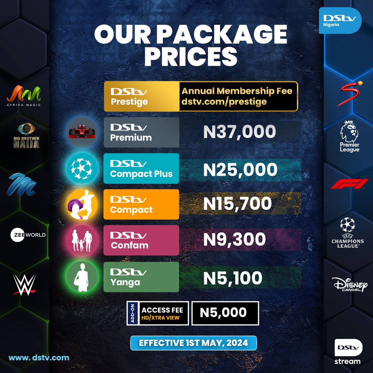 DStvNg's tweet photo. Lock in your current rate with #DStvPriceLock!
Stay ahead of the price review by reconnecting before April 30th or your next due date. Enjoy big savings on Premier League, Champions League, FA Cup finals, Naija Dramas, Formula 1, Euro 2024, Olympics, BBNaijaS9, and beyond.
Reconnect now with #MyDStv or dial *288#.
