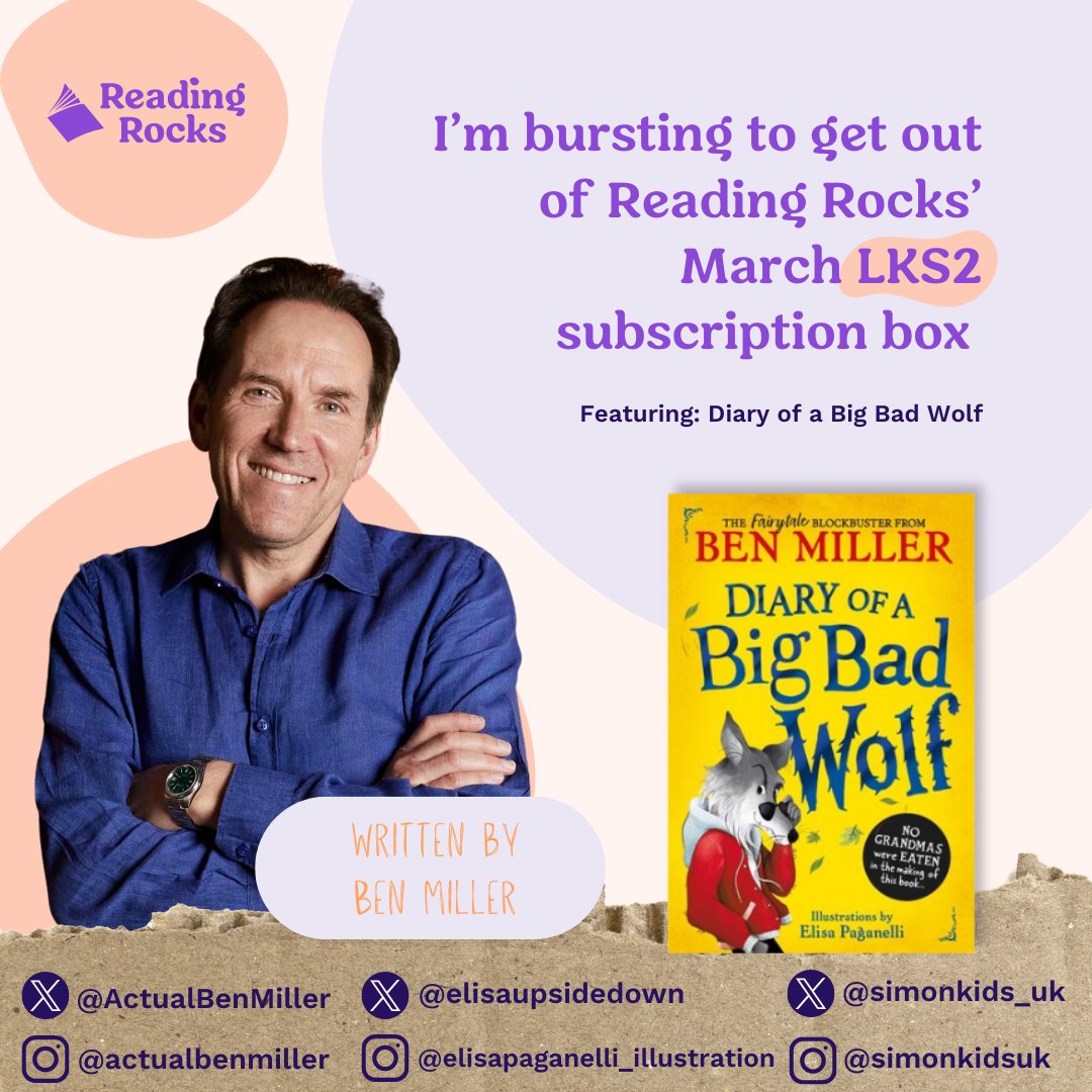 Now all our Reading Rockers have got our March #RR_books box, we can shout about what's inside! In our LKS2 box, we have Diary of a Big Bad Wolf, written by Ben Miller, illustrated by Elisa Paganelli & published by Simon & Schuster. @ActualBenMiller @elisaupsidedown @simonkids_uk