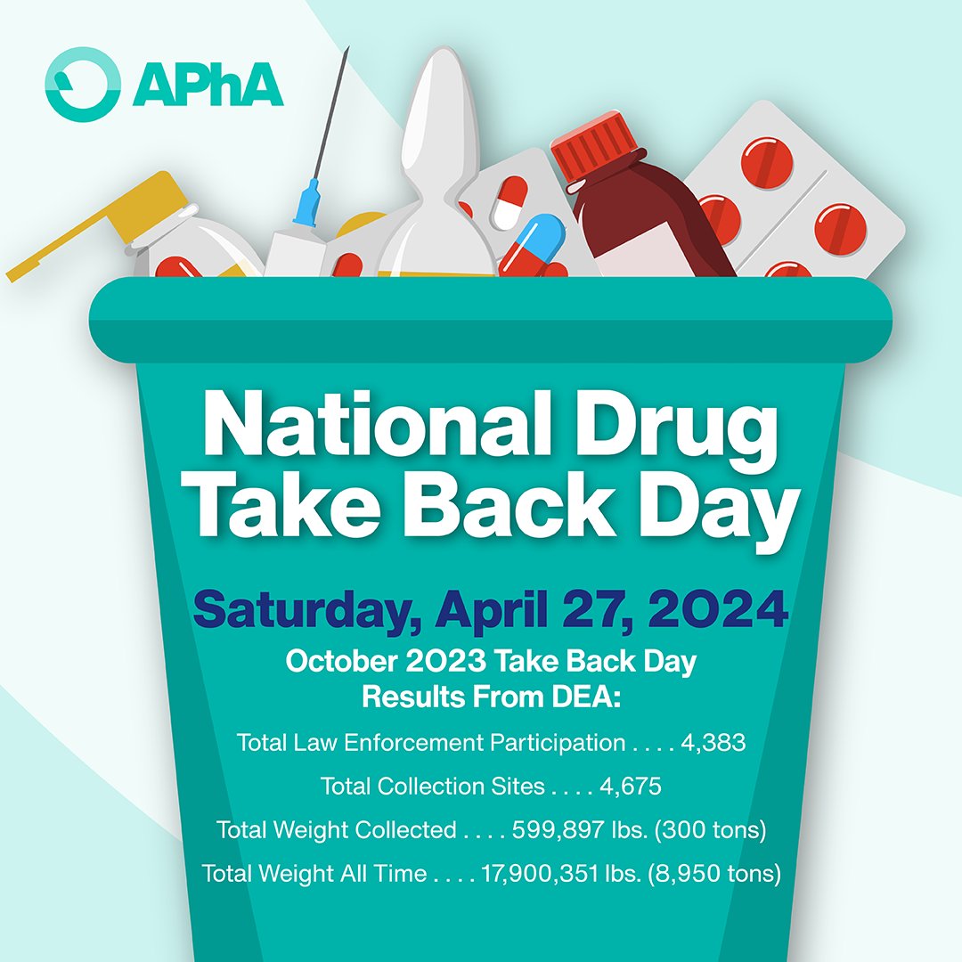 pharmacists's tweet photo. It's #NationalDrugTakeBackDay, and we're proud to support this important initiative by the DEA! Safely dispose of your prescription drugs and help combat substance abuse. Find a nearby disposal site by ZIP code: https://t.co/PycloryMQl #forpharmacy https://t.co/pbQJxEIuk0