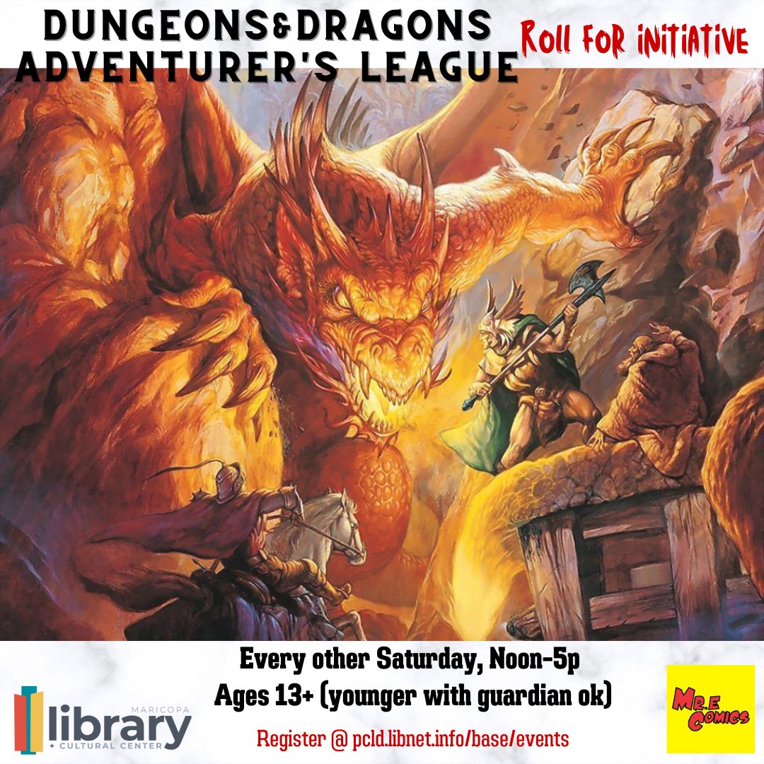 D&D today, noon to 5! Register at pcld.libnet.info/events or click the Programs link in bio. #mlcc #dnd #yaynerds #azlibraries