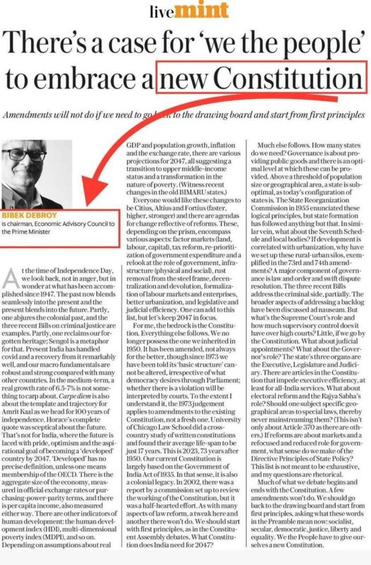 JYeggoni's tweet photo. PM Modi's right-hand policy man BIBEK DEBROY explained clearly in the 14th August 2023 article. He said India must have a new constitution, and minor changes or amendment won't do. "Vote wisely".
#LokSabhaElections2024
#SaveConstitutionofIndia https://t.co/bte6Gujobm