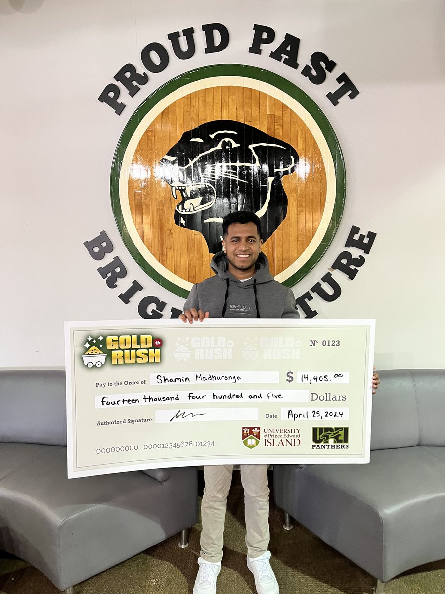 Two weeks ago, UPEI student Shamin Madhuranga walked away with over $14,000 because he played our GOLD RUSH. Be like Shamin and play GOLD RUSH today! The pot currently sits at $2,095 as today's draw nears. PLAY NOW: upei.goldrush.causable.io/game/dashboard #PanthersGoldRush