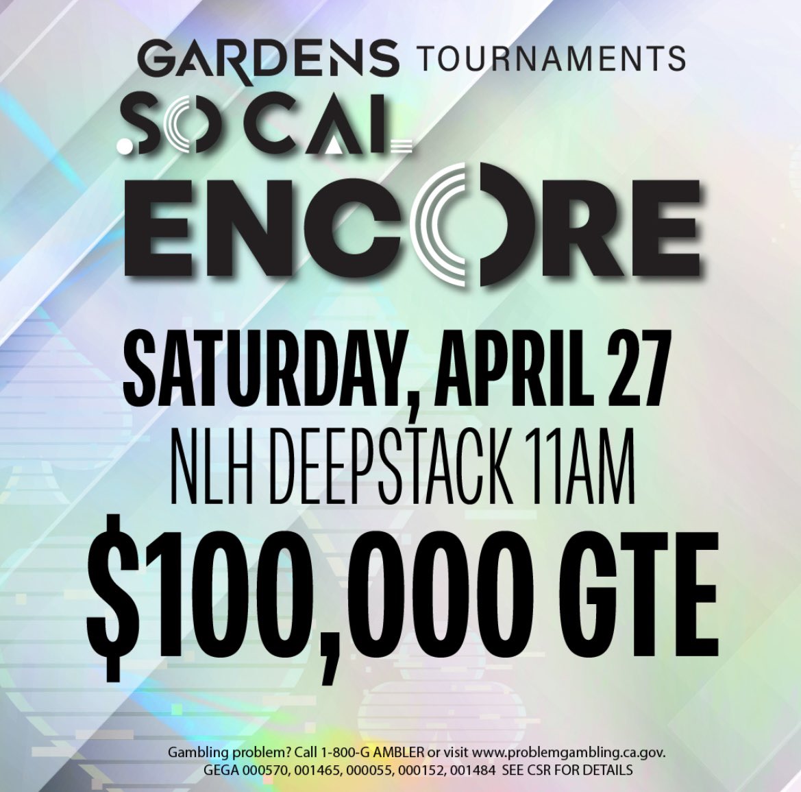 cavincasino's tweet image. Here is what’s happening today (Sat 4/27)
$100,000 Guarantee!
1-Day Event
11am Start
Registration until 2:35pm
$500 buy-in
30K Chips
30min Levels
No Limit Hold’em
🏆
So if you’re in #SoCal, now we know where you’ll be today 😉 @gardenscasino #SoCalSpringSpecial #EncoreWeekend #1