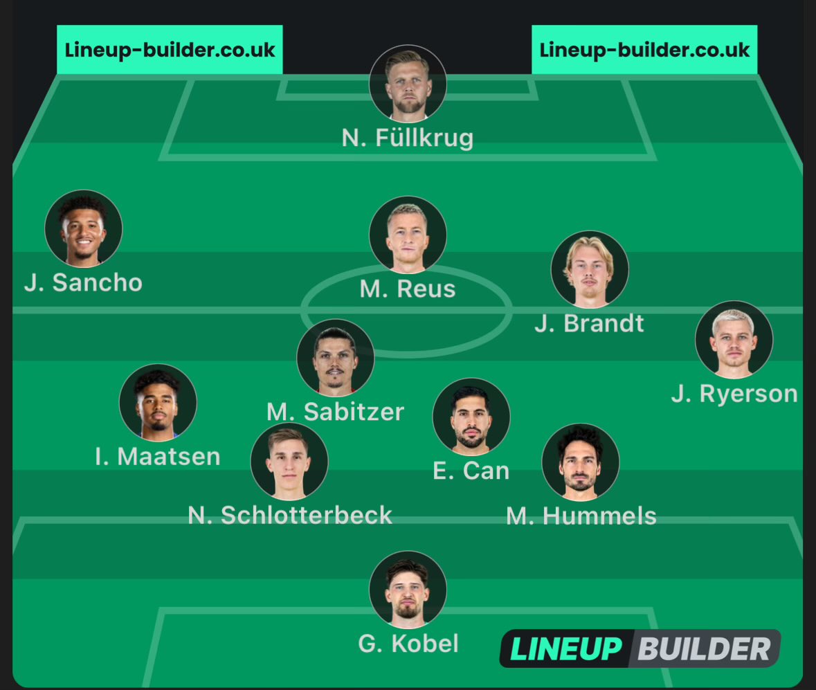 My lineup for Wednesday assuming Malen isn’t fit

Overload the left side over the weaker defensively hakimi and dembele, and have Brandt (or Reus) pushing to the center in the build up

Reus+brandt hasn’t always worked but I can’t stand adeyemi or JBG starting with their zero iq