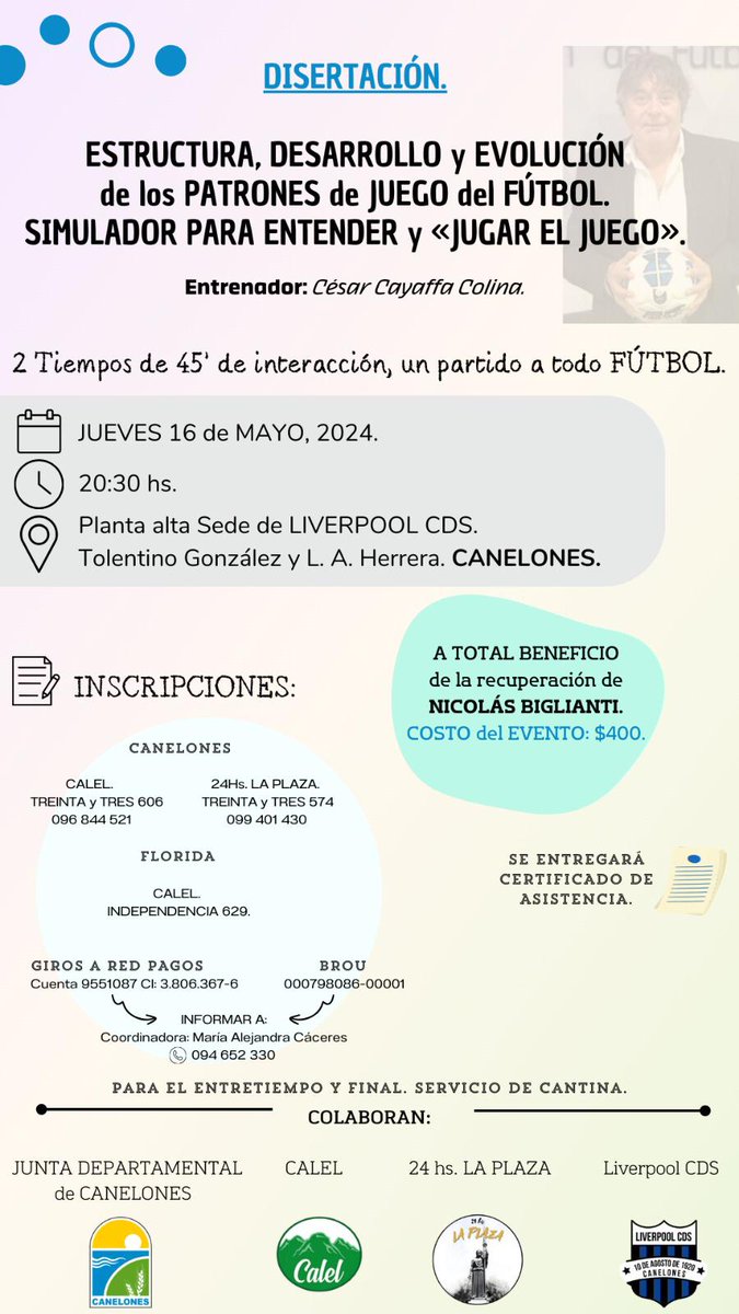 #Canelones Jueves 16 de mayo En Liverpool de Canelones a beneficio de Nicolás Biglianti. Diserta @cagustincayaffa