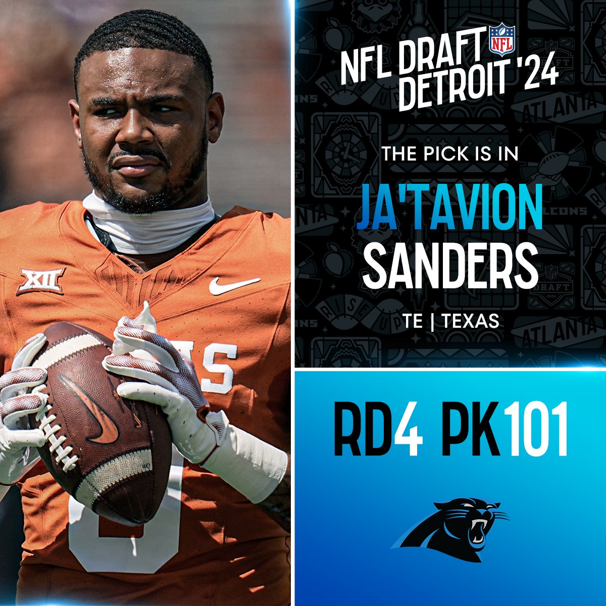 With the No. 101 overall pick in the 2024 @NFLDraft, the @Panthers select Ja'Tavion Sanders! 📺: #NFLDraft onon NFLN/ESPN/ABC 📱: Stream on #NFLPlus