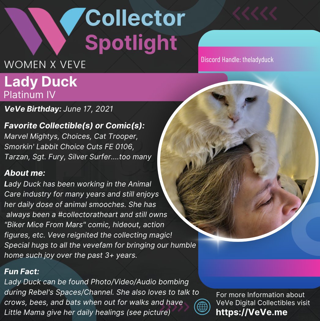 We have another one!! If you want to participate, send us a DM. 

Continuing our WomenxVeVe Collector Spotlight: Meet
Lady Duck! 💜📷🩷 

Thanks for the submission @TheRebelDuck 
@veve_official #InspireInclusion