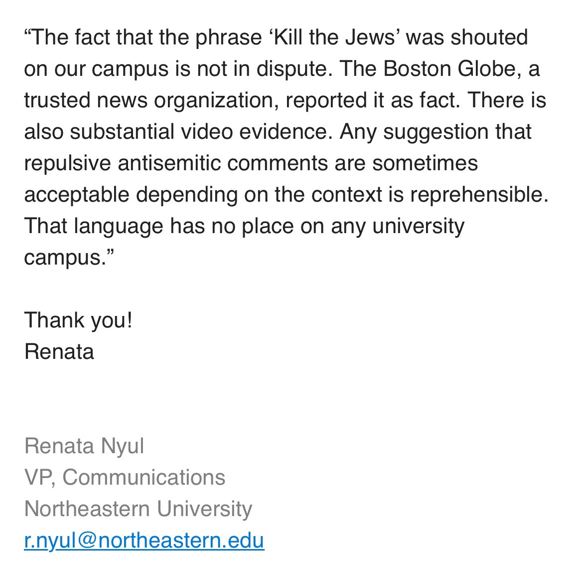 response from Northeastern spokesperson Renata Nyul