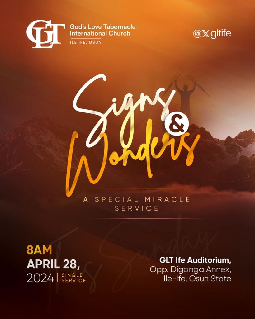 gltife's tweet photo. It's Special Miracle Service!!

Join us this Sunday by 8am at GLT IFE AUDITORIUM as we worship and dance our way into signs and wonders!

God is ready to do great things in our midst! Where would you rather be??
#GLTChurch https://t.co/shZA584OR6