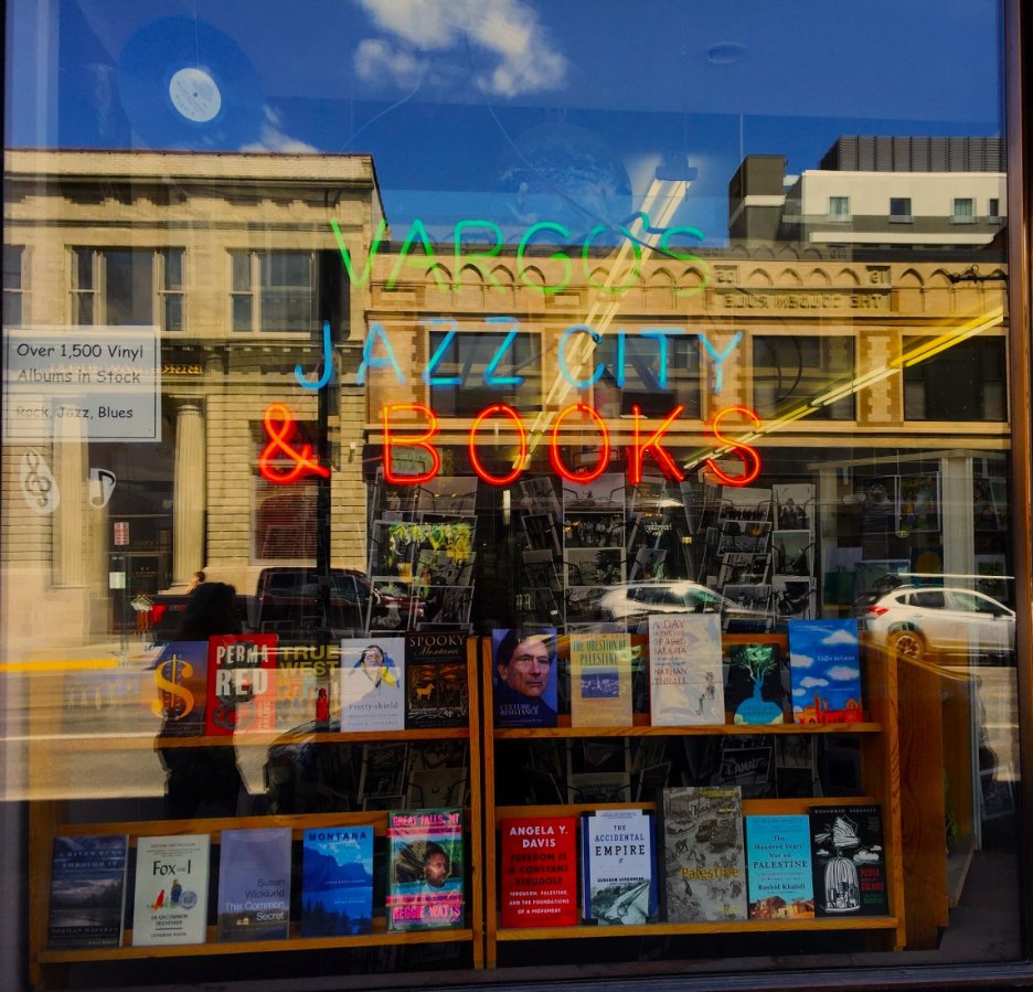 #IndependentBookstoreDay 
Francis Vargo, no longer at the helm, enjoying a well-deserved retirement, but his VARGOS  JAZZ  CITY &amp; BOOKS still stands in Bozeman, MT (PS: Vinyl albums, too)