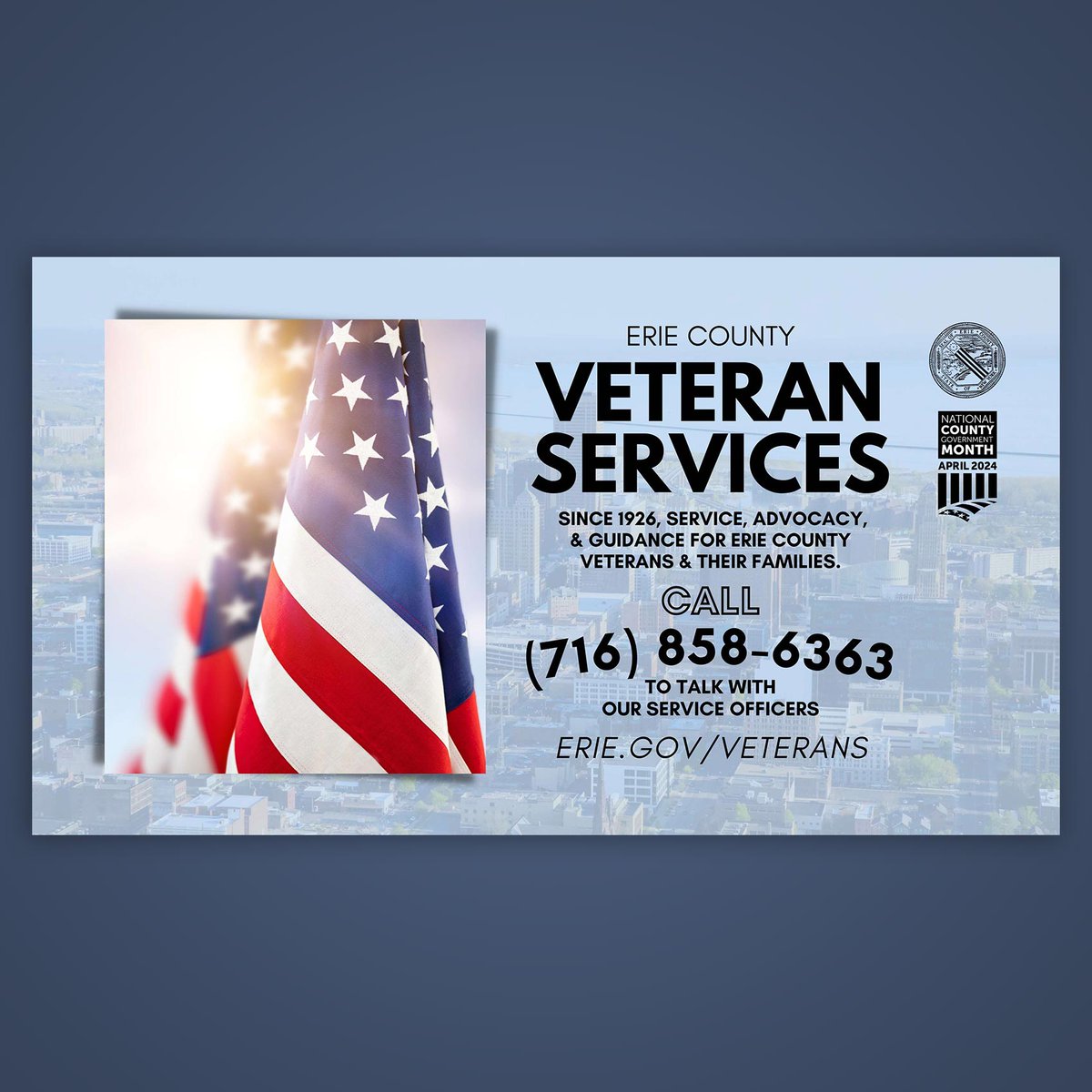 It's #NationalCountyGovernmentMonth—today we're highlighting Erie @CountyVeterans Service Agency, since 1926 providing service, advocacy, & guidance to veterans & their families.

Learn more: erie.gov/veterans …or call (716) 858-6363 to talk to one of our officers.