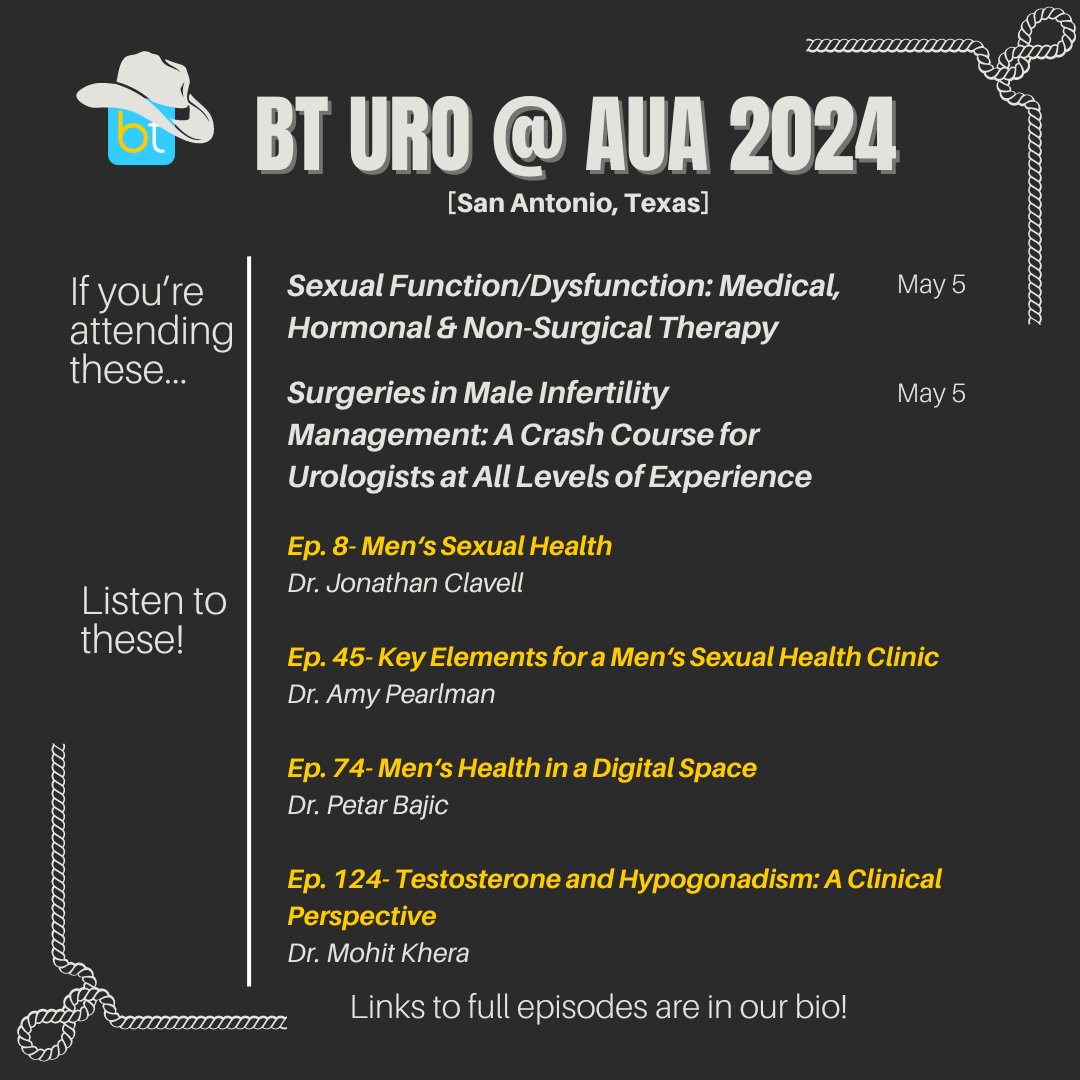 We're looking forward to hearing about #menshealth at #AUA2024. Download these BT URO episodes for the plane ride! @clavelluro @AmyPearlman1 @PBajicMD @DrMohitKhera @rebrannigan @DrAxelCayetano @ISSM_INFO @AkhilMuthigi @SarahLacyC 🤠All episodes are linked in our bio!