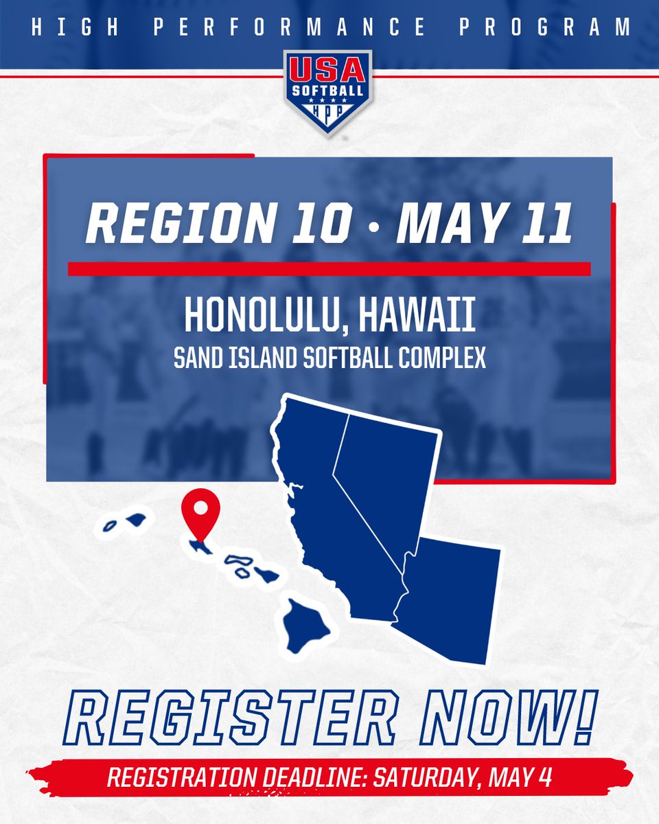 Registration 𝗰𝗹𝗼𝘀𝗶𝗻𝗴 🔜 𝙎𝙚𝙘𝙪𝙧𝙚 𝙮𝙤𝙪𝙧 𝙨𝙥𝙤𝙩 at the upcoming Region 10 #HPP Identifier in Honolulu, Hawaii before it's too late ‼️ 𝗖𝗹𝗶𝗰𝗸 𝗵𝗲𝗿𝗲 » go.usasoftball.com/HPP0511