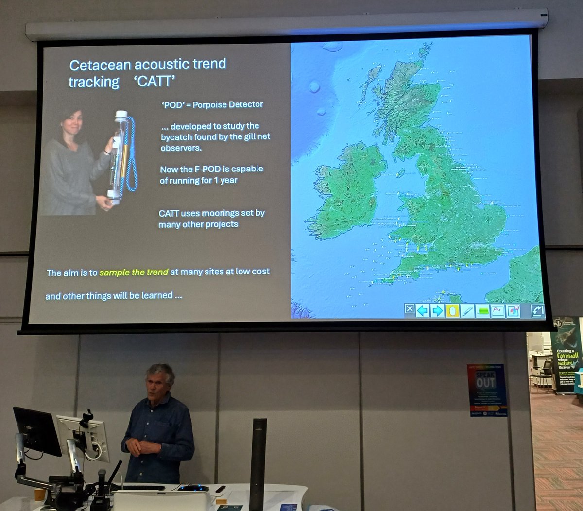 Nick Tregenza with a picture of Stella Turk at the Cornwall Wildlife Trust Recorders Event today. Nick talked about the past, present and future of Cetacean trend tracking around Cornwall, and the development of his F-POD passive acoustic monitoring device.