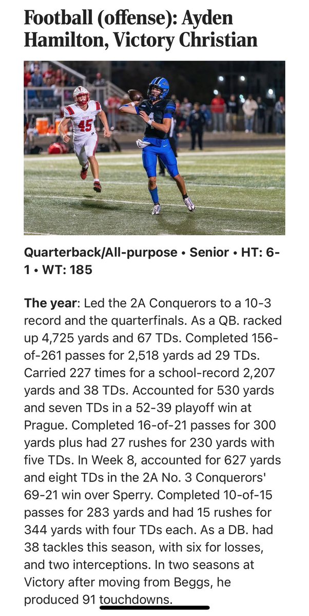 @CNQR_FB ‘s @ayden_hamilton selected as a Tulsa World All World athlete of the year finalist! Ayden and OC @dcherry56 orchestrated an offense that ended the season top40 ALL TIME in OK HS Football history in scoring! Congratulations! #Team25 #CommitAndEstablish #VCbloodline