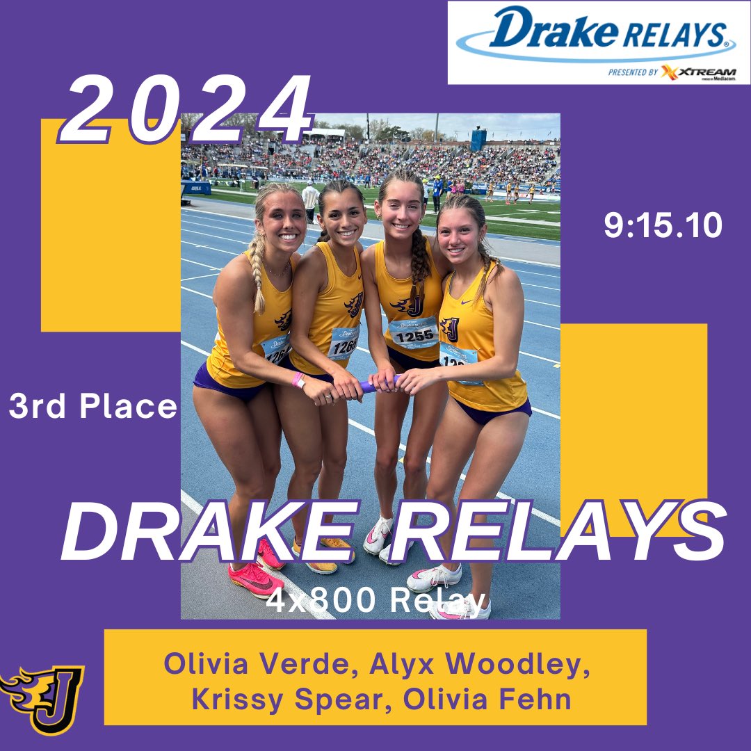 Congratulations to our 4x800 relay team for placing 3rd at Drake Relays and breaking the school record with a time of 9:15.10💜💛💜💛