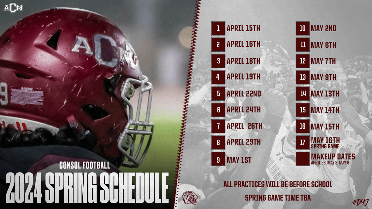 🏈Consol Spring Ball @ConsolFootball is almost half over. Come check us out coaches! Here's our schedule! #DYJ 1801 Harvey Mitchell Pkwy S, College Station, TX 77840 @ConsolHS @Consol_Recruits @AMCHSTigerClub @Rivals @247Sports @MaxPreps @dctf @CoachDYJ @THSCAcoaches