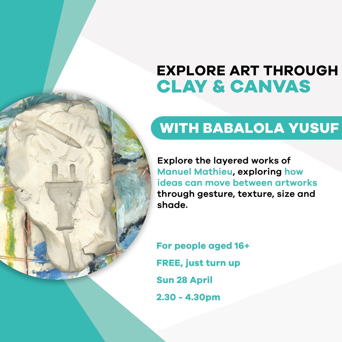 TOMORROW🤩 Join us for a free creative workshop, led by local artist Babalola Yusuf and explore the layered works of Manuel Mathieu. For young people aged 16+ 🗓️ Sun 28 April, 2.30 - 4.30pm No booking required, just turn up! FREE