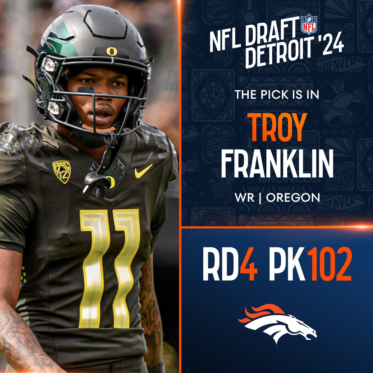 With the No. 102 overall pick in the 2024 <a href="/NFLDraft/">NFL Draft</a>, the <a href="/Broncos/">Denver Broncos</a> select Troy Franklin!

📺: #NFLDraft onon NFLN/ESPN/ABC
📱: Stream on #NFLPlus
