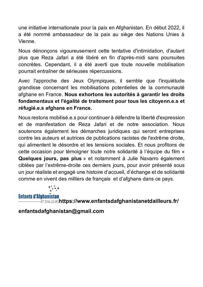 Solidarité pour notre président @reza_jafarit , arrêté et détenu toute une journée suite à la manif de samedi dernier, pour avoir soutenu les voix afghanes qui exigent la dignité, le respect des droits , la justice et que cessent les campagnes racistes de l'extrême droite.