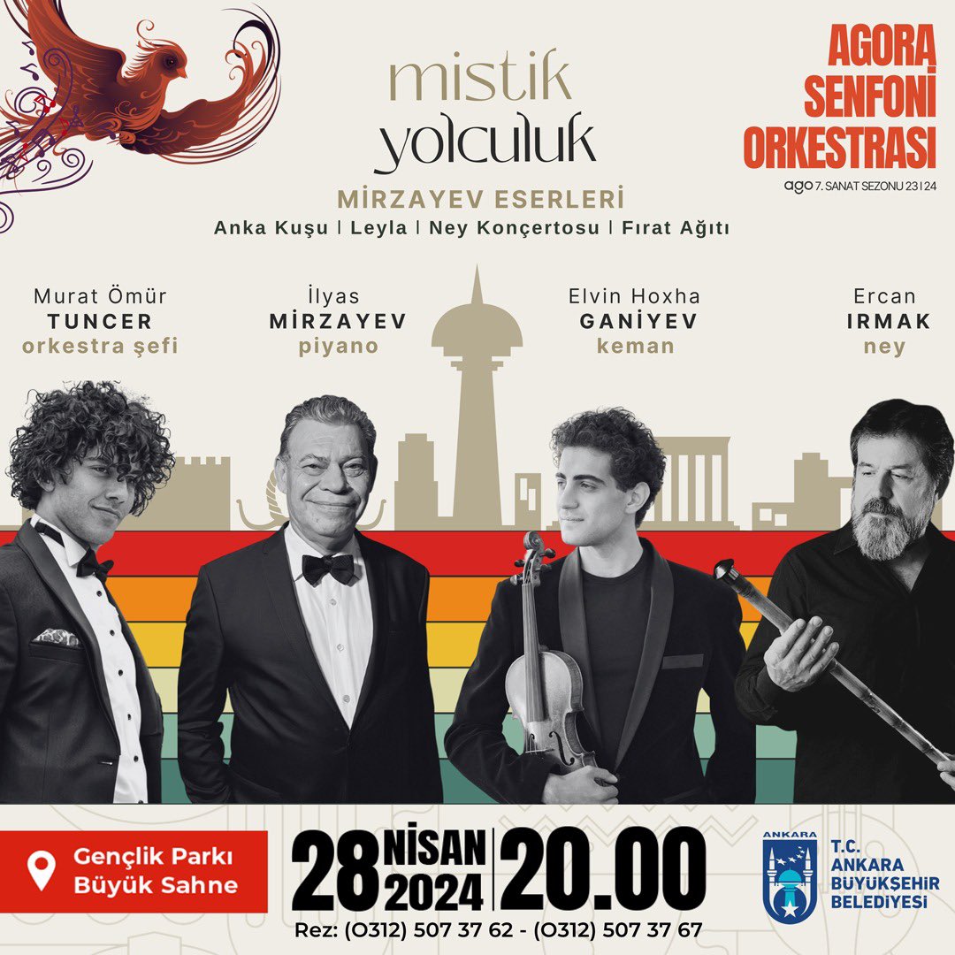 Agora Senfoni Orkestrası ile Mistik Bir Yolculuğa hazır mısınız? 🎶 Murat Ömür Tuncer şefliğinde, MİRZAYEV ESERLERİ'ni 28 Nisan, saat 20.00’de Gençlik Parkı Büyük Sahne'de dinlemek üzere buluşalım. 🎻 ☎️ 0312 507 37 62-67 @muratomurtuncer @elvin_hoxha @ilyasmirzayevtr…