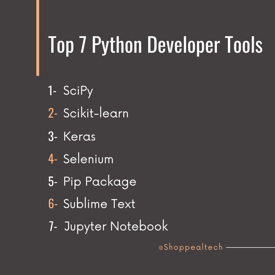 ShoppealTech's tweet image. Calling all Python enthusiasts! 🚀 Check out these 7 developer tools that will take your coding skills to the next level. #PythonProgramming #DeveloperEssentials #TechInnovation