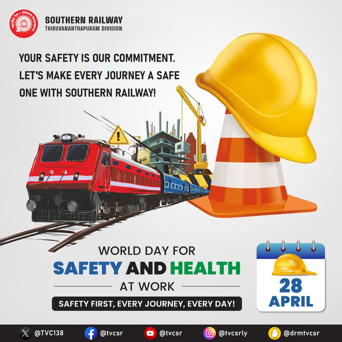 On #WorldDayforSafetyandHealthatWork, let's prioritize safety on train journeys. From thorough safety inspections to emergency preparedness, every step counts in ensuring a secure commute for all. 🚆 #TrainSafety #WorkplaceHealth