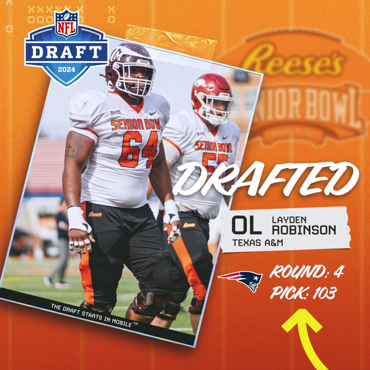 #NFLDraft The @Patriots have selected Senior Bowl alum @d_robinson78 out of @AggieFootball. Congratulations! #ForeverNE #TheDraftStartsInMOBILE™️