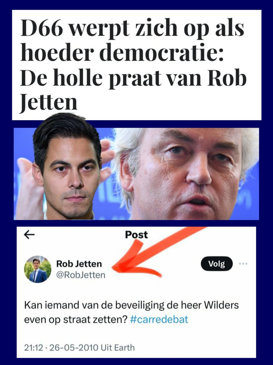 Grootmuil #Jetten van verliespartij #D66 heeft altijd de mond vol van #Democratie. Je moet echter niet te diep in het verleden gaan graven. Neem het #Carredebat in aanloop naar de verkiezingen van 2010, #Wilders moest de zaal maar uitgegooid worden, twitterde de 'democraat'.....