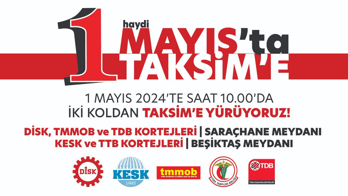 İki koldan 1 Mayıs alanı Taksim'e Yürüyoruz! Emek ve bilim ile, birlikte, omuz omuza... 1 Mayıs Çarşamba 10.00'da Saraçhane Meydanı ve Beşiktaş Meydanında Toplanıyoruz #1mayıs #taksim