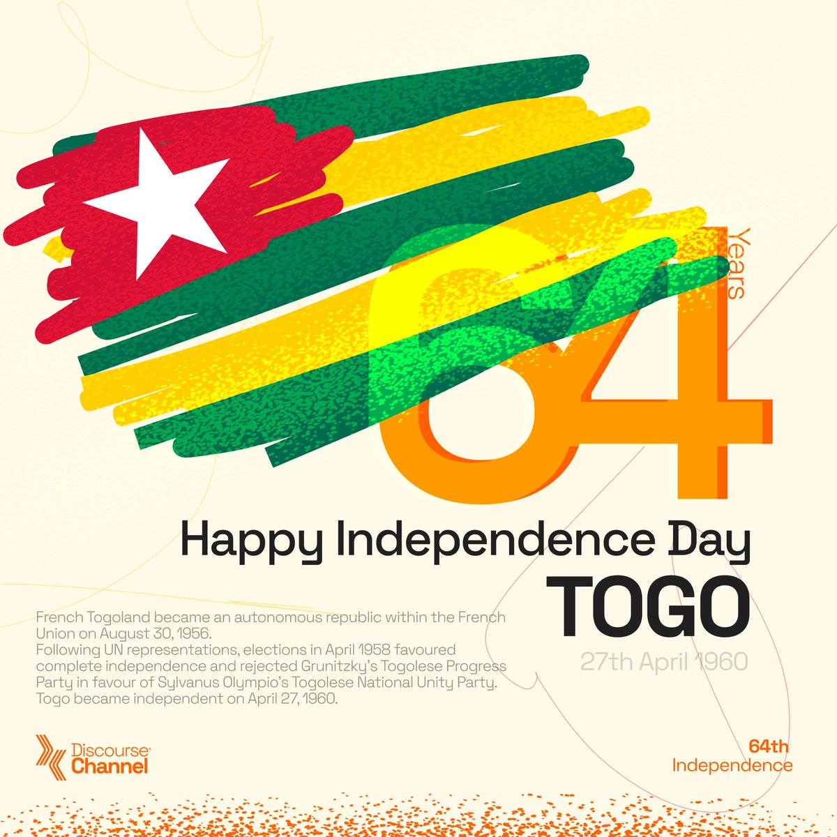 Happy independence day Togo, celebrating 64 years of independence and unity.

Join us as we celebrate with them together.

#africandiscoursechannel #togoindependence #africa #africaunite