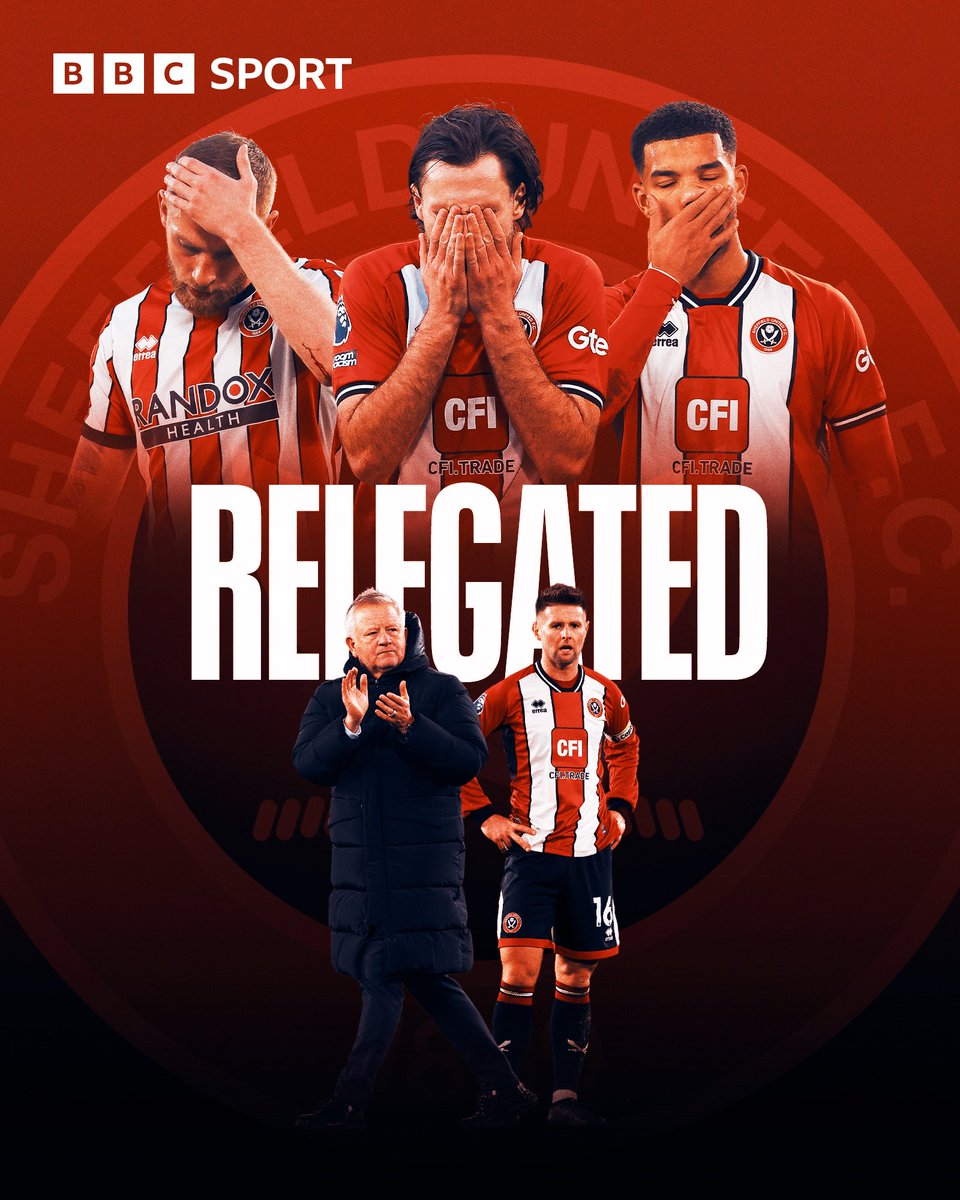 🚨 BREAKING: @SheffieldUnited Relegated from the @premierleague 

Hello Championship, please welcome 'The Blades' back home #fmsportsgh 

📸 @BBCSport 🥂