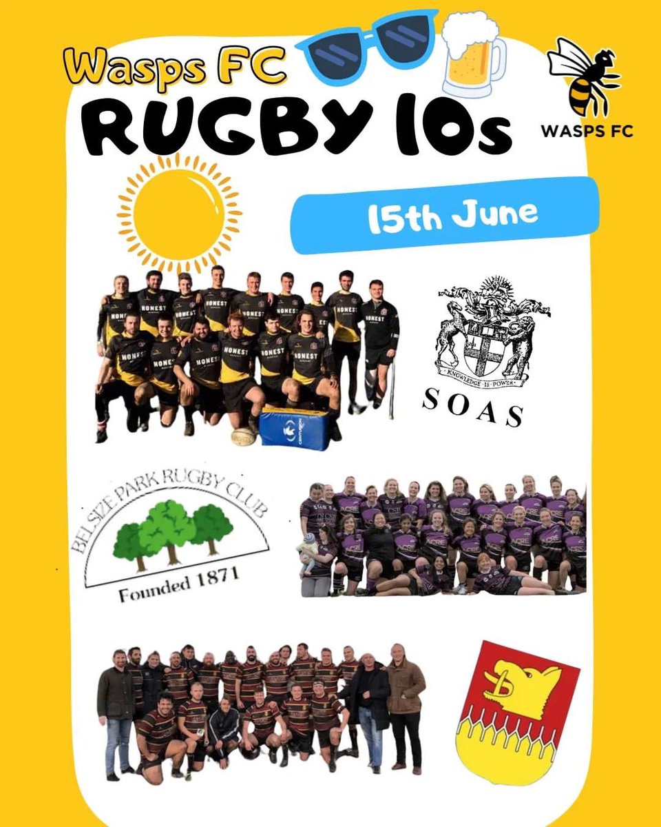 𝗪𝗔𝗦𝗣𝗦 𝗙𝗖 𝟭𝟬𝘀 Our first set of confirmed teams for our Summer 10s Social Rugby Festival: U23s - SOAS University Women's social - Belsize Park Men's social - Hampstead RFC Spaces are filling up! Sign up via the link in our bio #WaspsFC #Rugby #London #OnceAWasp 🐝